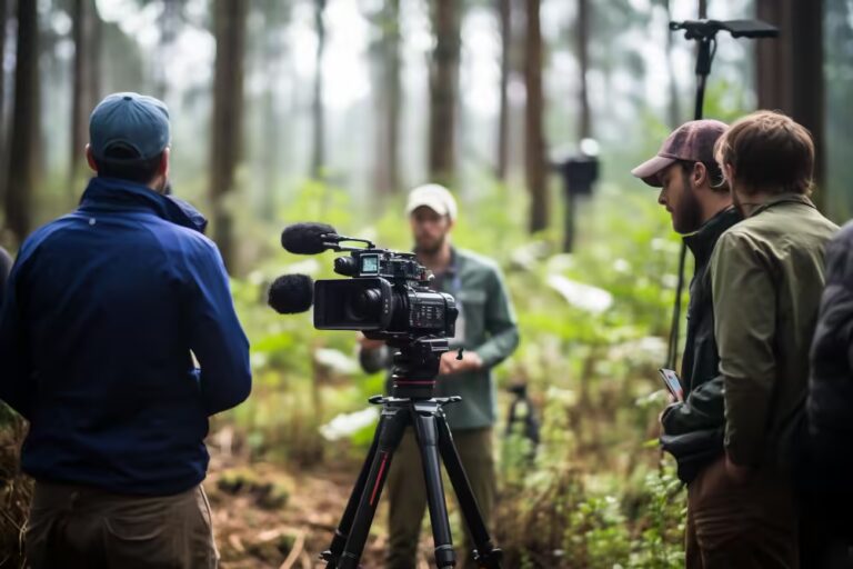 Documentary film crew shooting in the Catskills with a camera, capturing outdoor scenes.