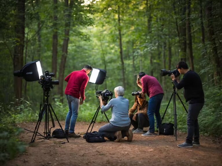 Filmmakers on location in the Catskills, capturing breathtaking landscapes for their movie.