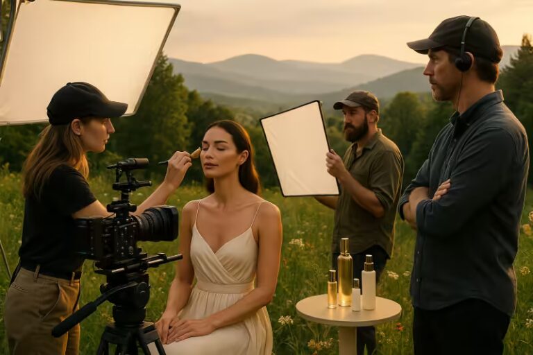Film crew shooting a beauty product commercial with a model in the Catskills mountains, surrounded by lush greenery in upstate New York.
